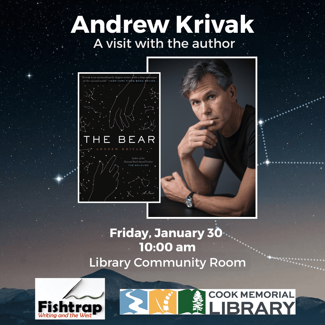 Image shows the cover of "The Bear" by Andrew Krivak, and a photo of the author.