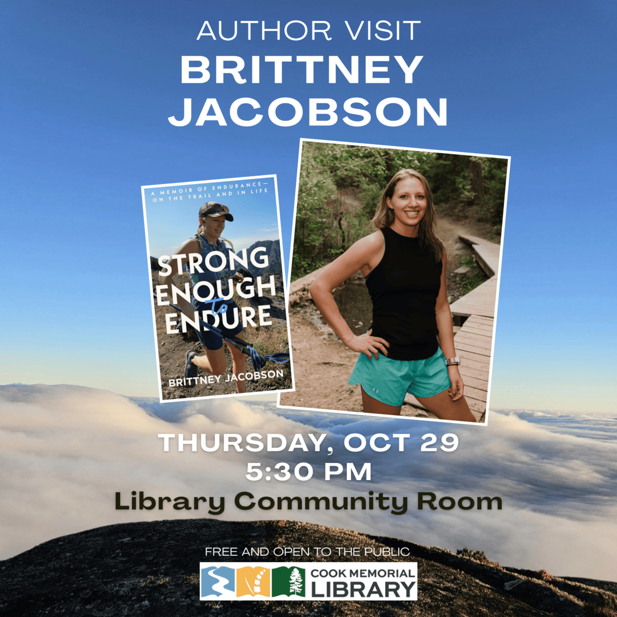 Author Brittney Jacobson standing outdoors and her book cover; event details for an author visit at Cook Memorial Library on Thursday, Oct 29 at 5:30 PM.