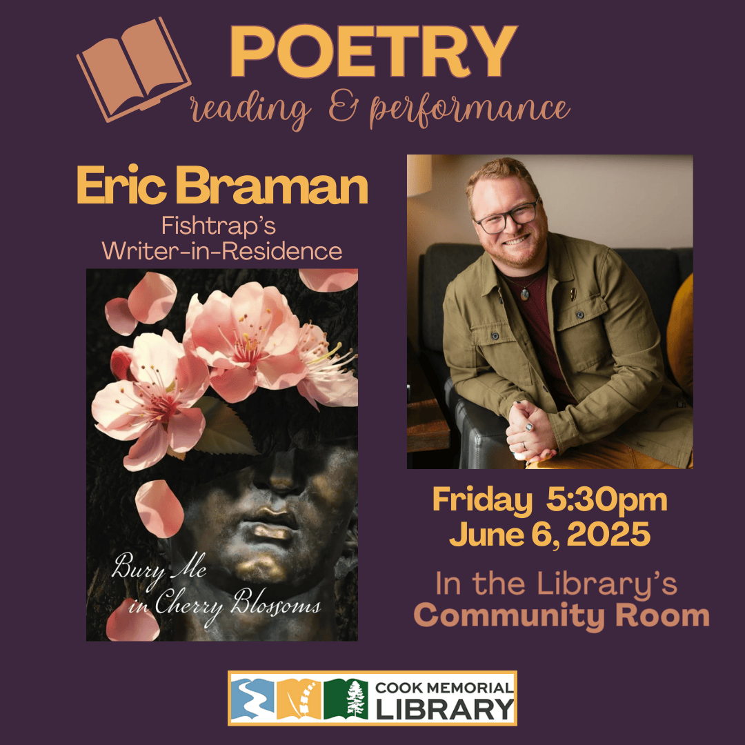 Event flyer shows a photo of the poet and the cover of their book called "Bury Me in Cherry Blossoms"