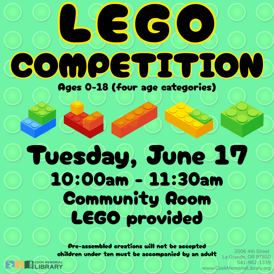 Join us in the Library Community Room for a LEGO Competition! All entries will be displayed in the library and winners will receive a prize! (There will be four different age divisions.)