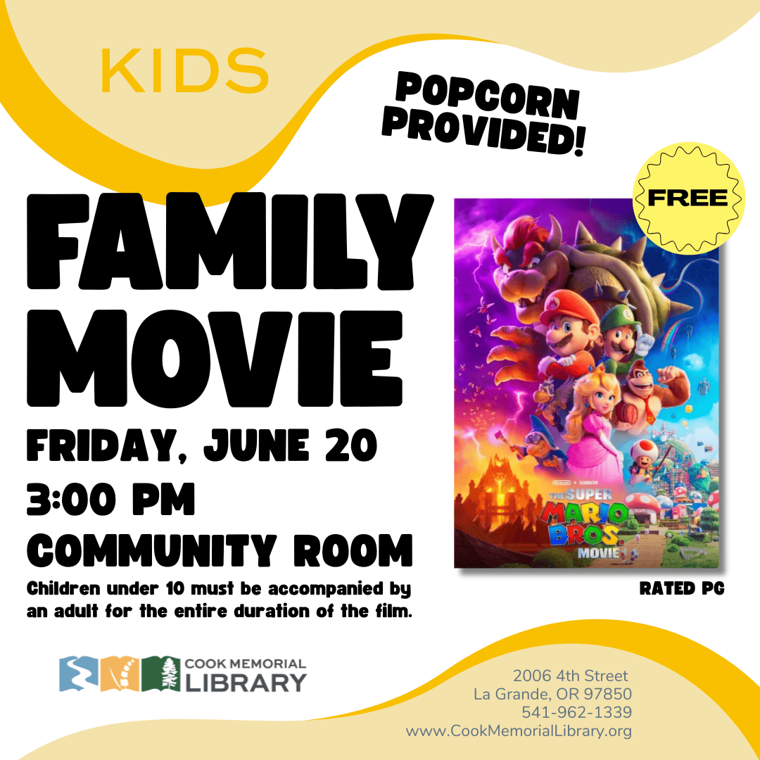 Join us in the Community Room for popcorn and a family movie!
The Super Mario Bros. Movie rated PG.
