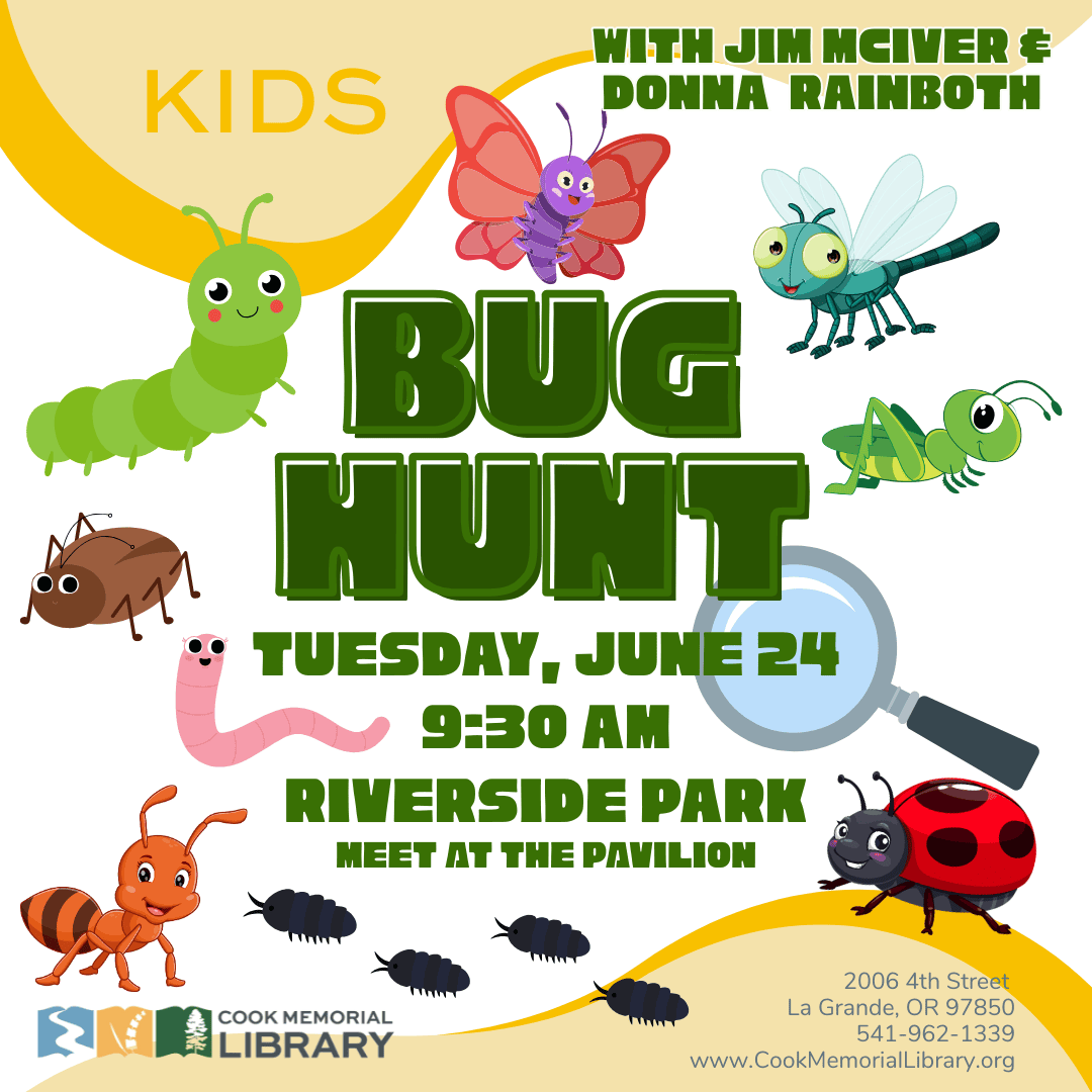 Join us at Riverside Park for a bug hunt led by Donna Rainboth and Jim McIver! Meet at the Pavilion at 9:30 am on Tuesday, June 24. Please wear suitable clothing and shoes and bring drinking water. Sunscreen is also highly encouraged.