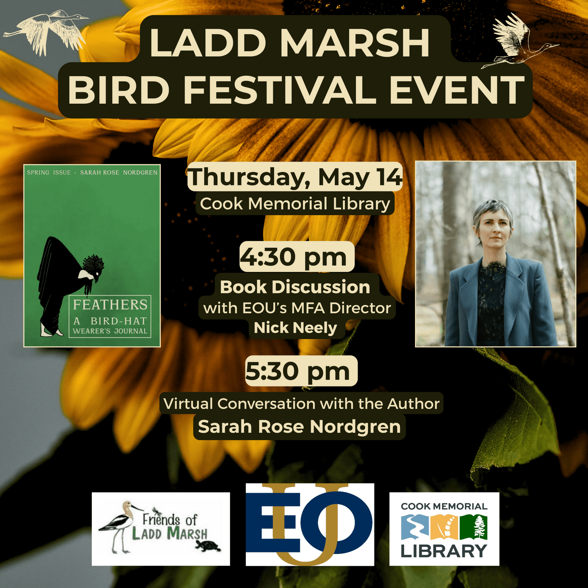 Event flyer for the Ladd Marsh Bird Festival featuring a book discussion and virtual author conversation on May 14 at Cook Memorial Library, with images of the book cover and author.