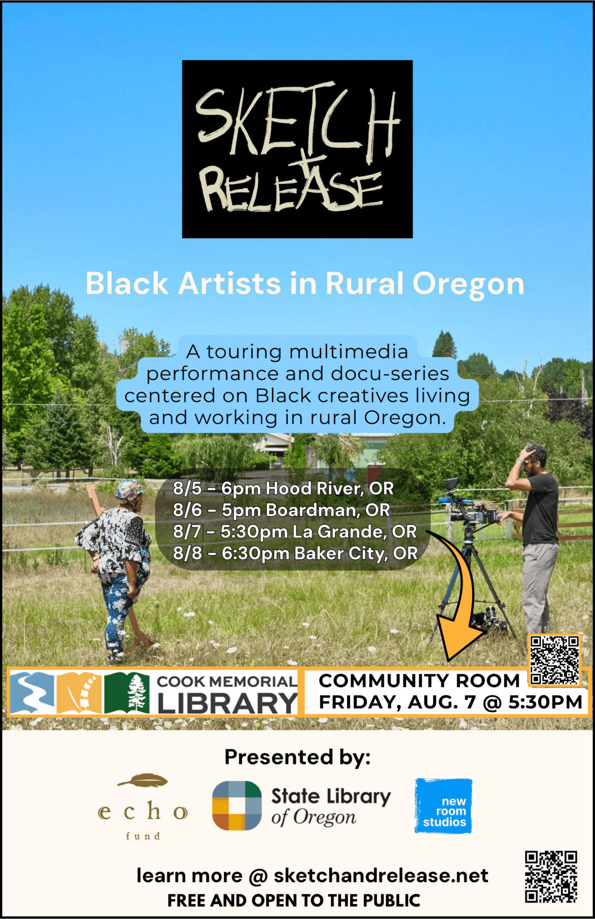 Poster for “Sketch and Release” about black artists in rural Oregon, with event dates, locations, and details; presenters and sponsors listed at the bottom.